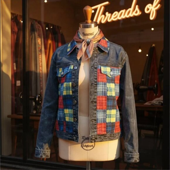 Delia*s “In This Moment” Denim Jacket & Skirt Set w/ Plaid Patchwork – Rebellion - Picture 2 of 13